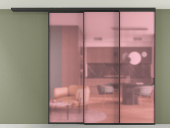 Алюминевая перегородка АЛПР 040.01_ЧРН_САТ РОЗ_new. Цвет Алюминий Черный. Материал Алюминий. Коллекция Перегородка Формато вдоль стены на потолок 3 створки с синхронным механизмом. Картинка.