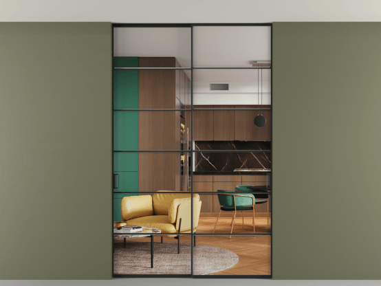 Алюминевая перегородка p2_04 Crystalvision ЧЕР. Цвет Алюминий Черный. Материал Алюминий. Коллекция Перегородка Формато внутри проёма скрытое крепление в потолок 2 створки. Картинка.