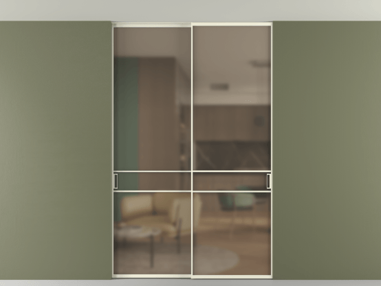 Алюминевая перегородка АЛПР 040.02_АМБ_Бронза сатин триплекс_new. Цвет Алюминий молочно-белый. Материал Алюминий в эмали. Коллекция Перегородка Формато внутри проёма скрытое крепление в потолок 2 створки. Картинка.