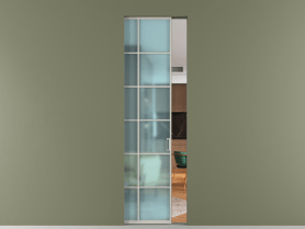 Алюминевая перегородка skr1_05_ Алюминий тёплый серый Сатинированное голубое стекло, триплекс, 6мм. Цвет Алюминий тёплый серый. Материал Алюминий в эмали. Коллекция Перегородка Формато скрытый пенал 1 створка. Картинка.