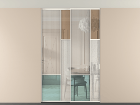 Алюминевая перегородка vntp2_8 Алюминий пудровый белый Четыре стекла. Цвет Алюминий пудровый белый. Материал Алюминий в эмали. Коллекция Перегородка Mosaic внутри проёма скрытое крепление в потолок 2 створки. Картинка.