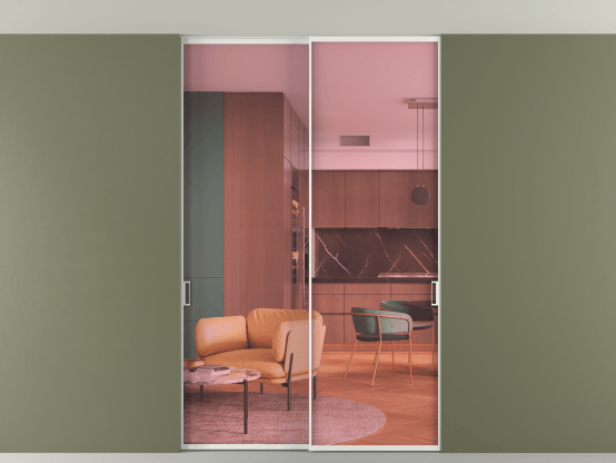 Алюминевая перегородка vn2_01 Алюминий светло-серый Прозрачное розовое стекло, триплекс, 6мм. Цвет Алюминий светло-серый. Материал Алюминий в эмали. Коллекция Перегородка Формато внутри проёма скрытое крепление в потолок 2 створки. Картинка.